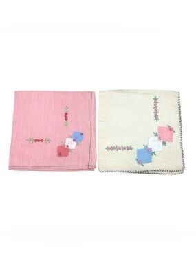 Vintage Hand Embroidered Handkerchiefs Set of Two‎ Floral Patchwork 10 x 10